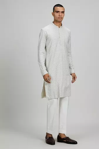 Off white woven cotton kurta set