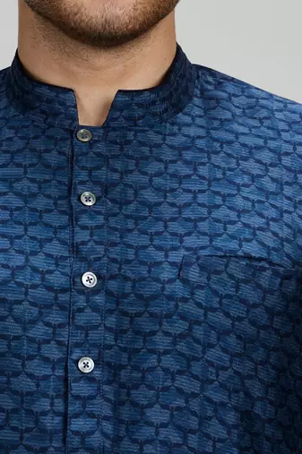 Dark blue woven silk kurta set