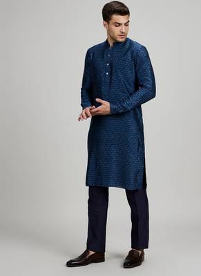 Dark blue woven silk kurta set 4