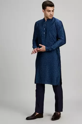 Dark blue woven silk kurta set