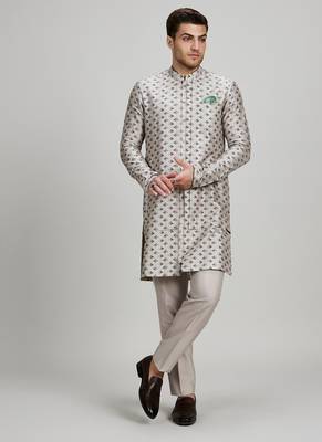 Light grey woven cotton kurta set 1