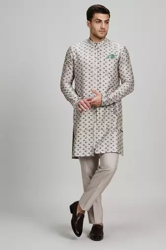Light grey woven cotton kurta set