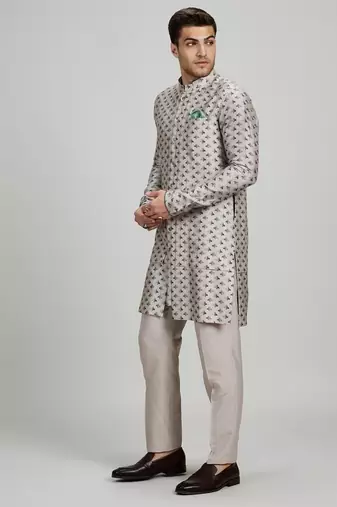 Light grey woven cotton kurta set