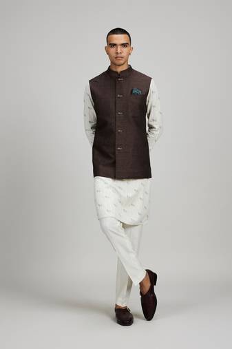 Brown woven linen nehru jacket