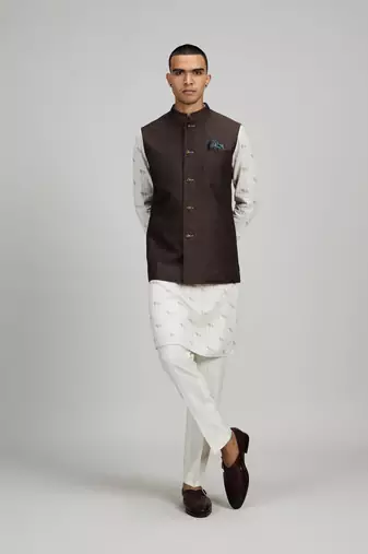 Brown woven linen nehru jacket