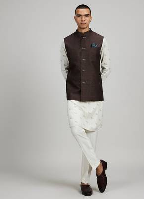 Brown woven linen nehru jacket 1