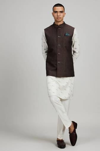 Brown woven linen nehru jacket