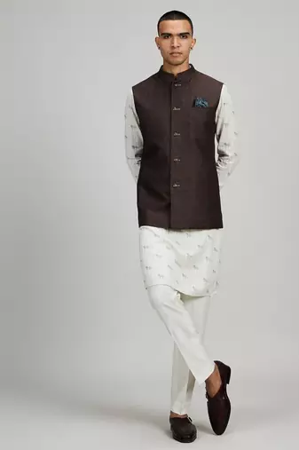 Brown woven linen nehru jacket