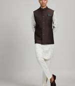 Brown woven linen nehru jacket