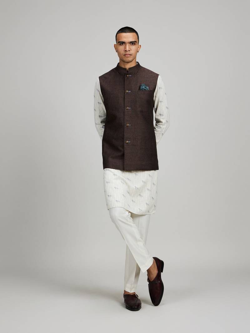 Brown woven linen nehru jacket