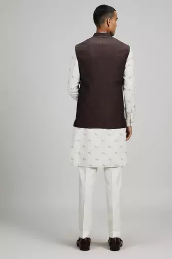 Brown woven linen nehru jacket