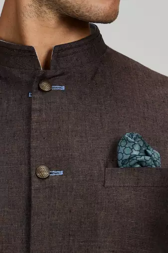 Brown woven linen nehru jacket