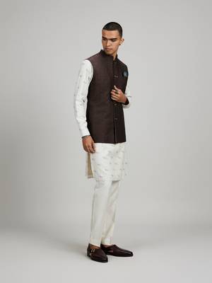 Brown woven linen nehru jacket 4