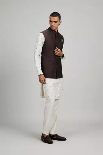Brown woven linen nehru jacket