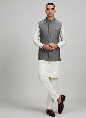 Grey woven linen nehru jacket 1