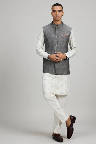 Grey woven linen nehru jacket