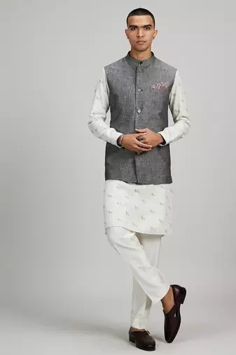 Grey woven linen nehru jacket