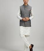 Grey woven linen nehru jacket