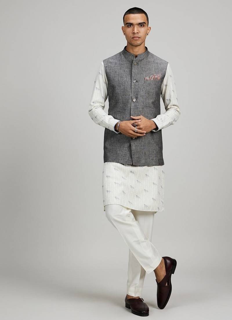Grey woven linen nehru jacket