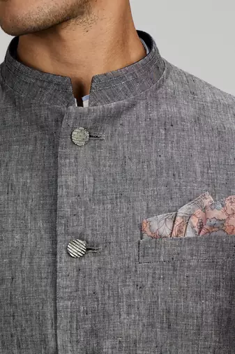 Grey woven linen nehru jacket