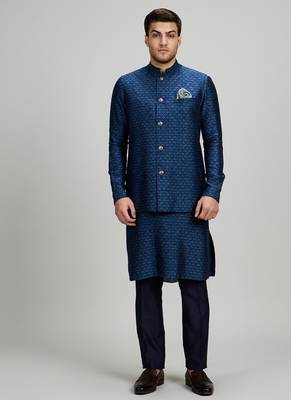 Teal blue woven cotton nehru jacket 1