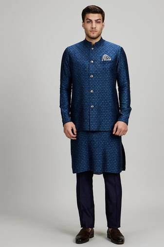 Teal blue woven cotton nehru jacket