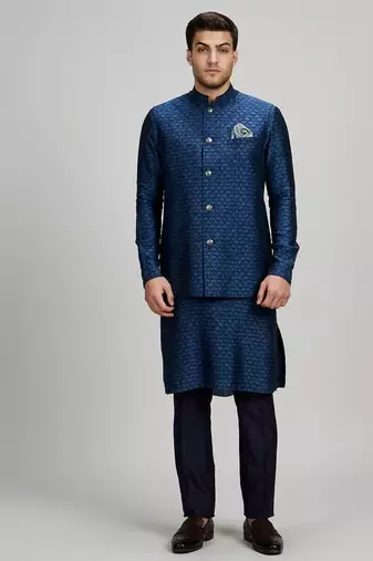 Teal blue woven cotton nehru jacket