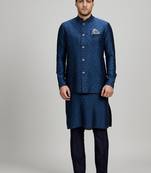 Teal blue woven cotton nehru jacket