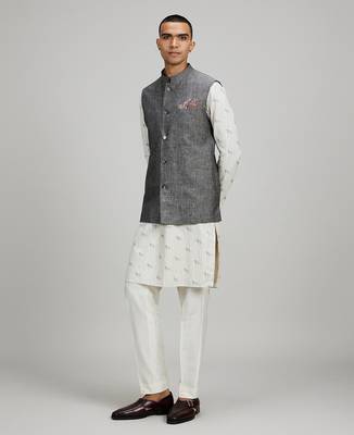 Grey woven linen nehru jacket 4