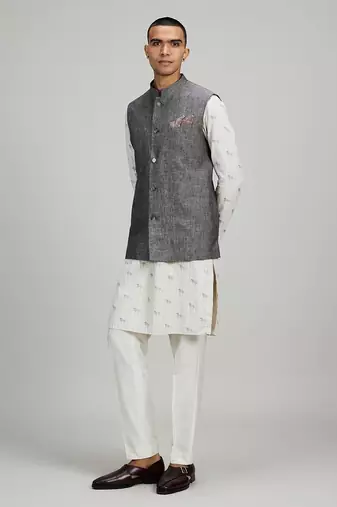 Grey woven linen nehru jacket