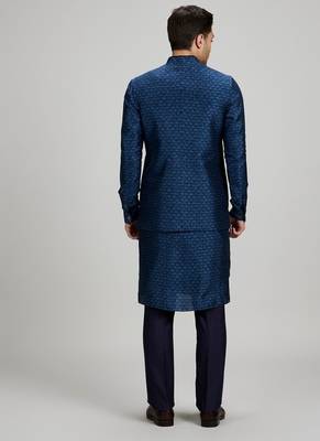 Teal blue woven cotton nehru jacket 2