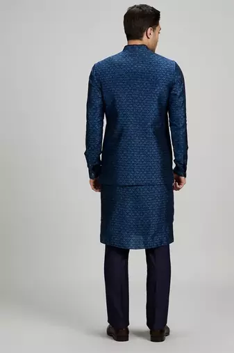 Teal blue woven cotton nehru jacket
