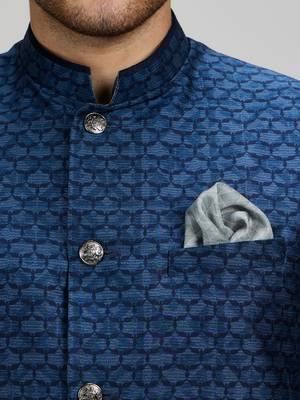 Teal blue woven cotton nehru jacket 3