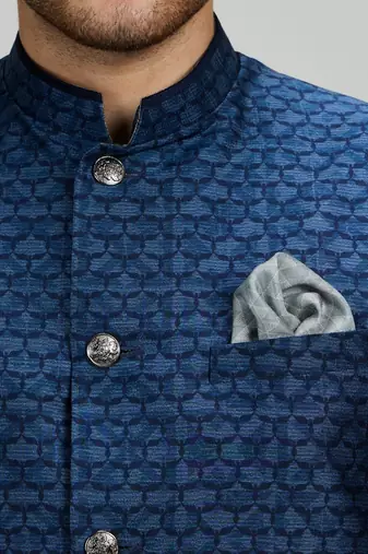 Teal blue woven cotton nehru jacket