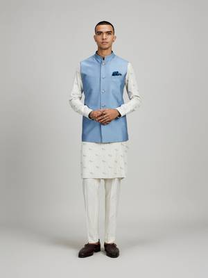 Blue woven silk nehru jacket 1