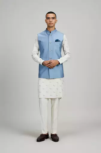 Blue woven silk nehru jacket