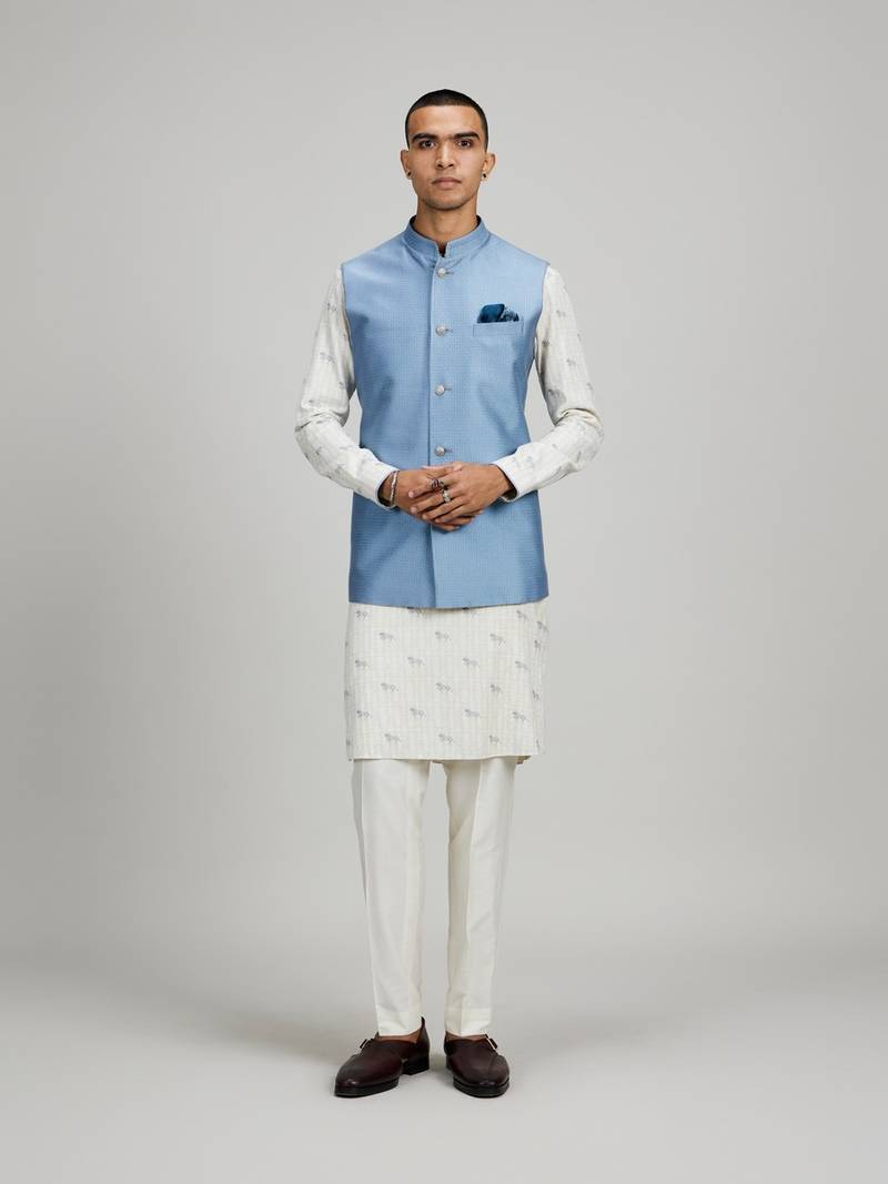Blue woven silk nehru jacket