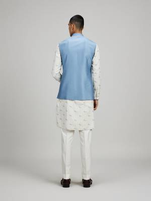 Blue woven silk nehru jacket 2
