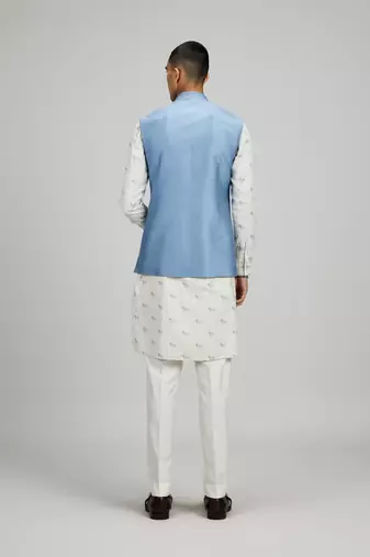 Blue woven silk nehru jacket