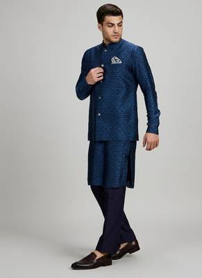 Teal blue woven cotton nehru jacket 4