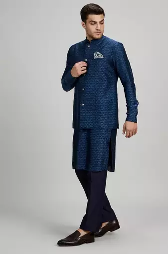 Teal blue woven cotton nehru jacket