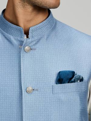 Blue woven silk nehru jacket 3