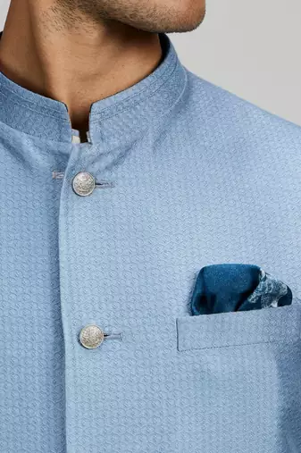 Blue woven silk nehru jacket