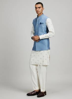 Blue woven silk nehru jacket 4