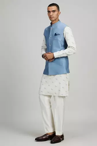 Blue woven silk nehru jacket