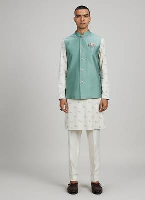 Sage green woven cotton nehru jacket 1