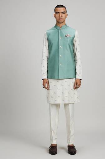 Sage green woven cotton nehru jacket