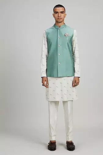 Sage green woven cotton nehru jacket
