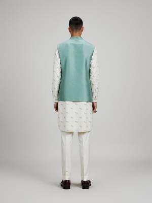 Sage green woven cotton nehru jacket 2