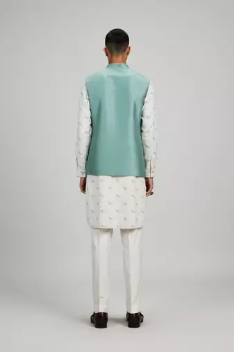 Sage green woven cotton nehru jacket